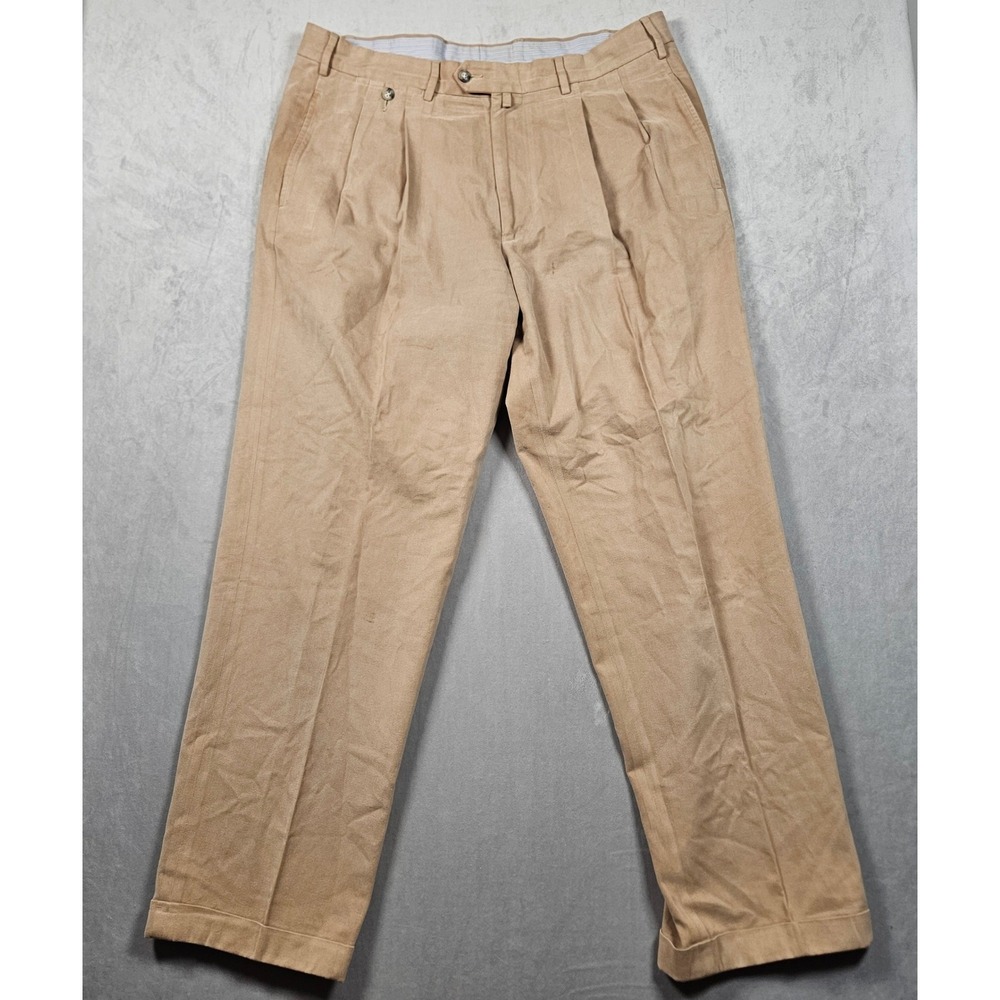 Faconnable Pants Mens 38x32 Tan Pleated Khaki Cuffed Straight Leg Chino Trousers